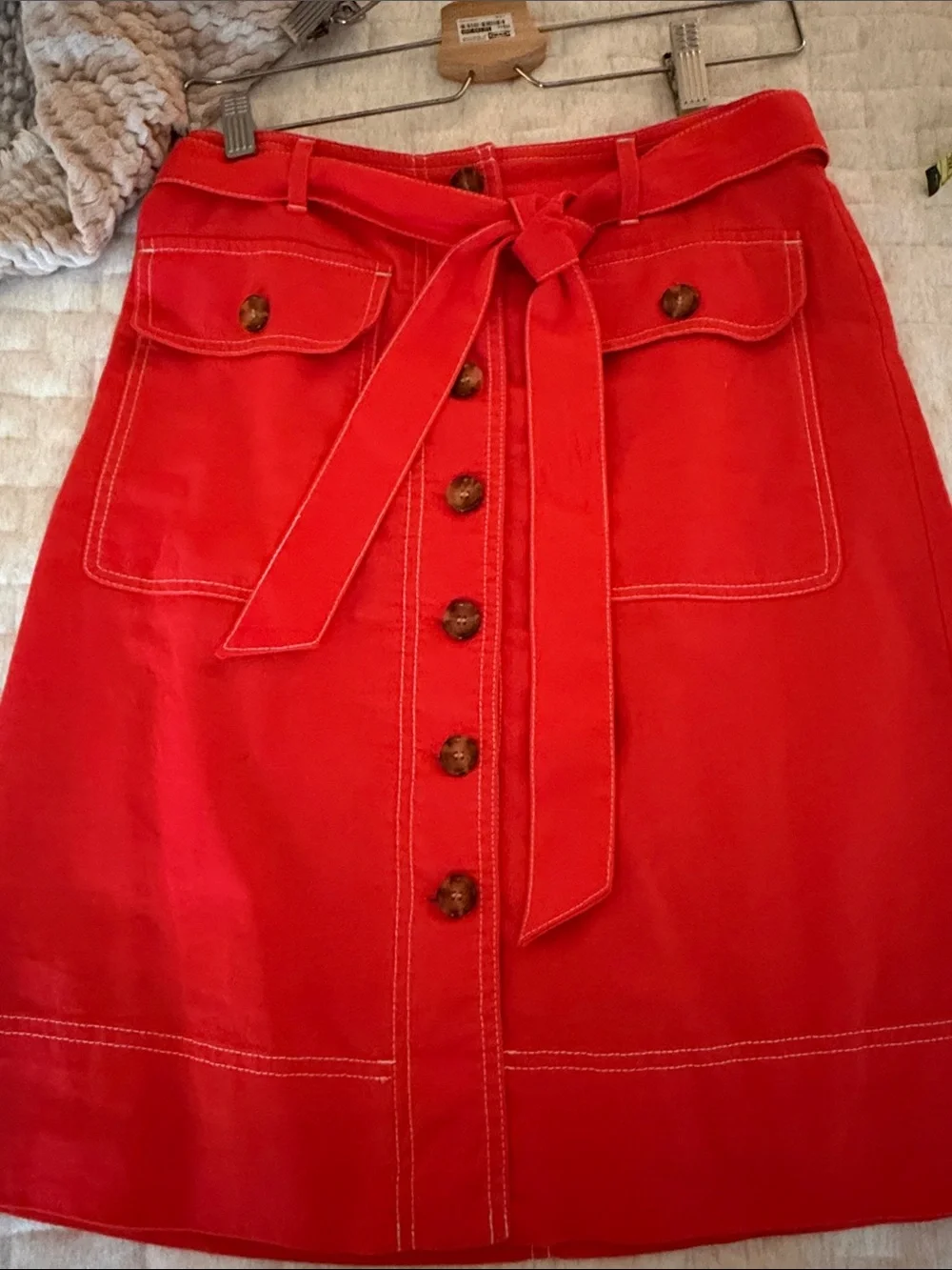 J. Crew Factory Red Button-Front Tie-Waist A-Line Skirt
